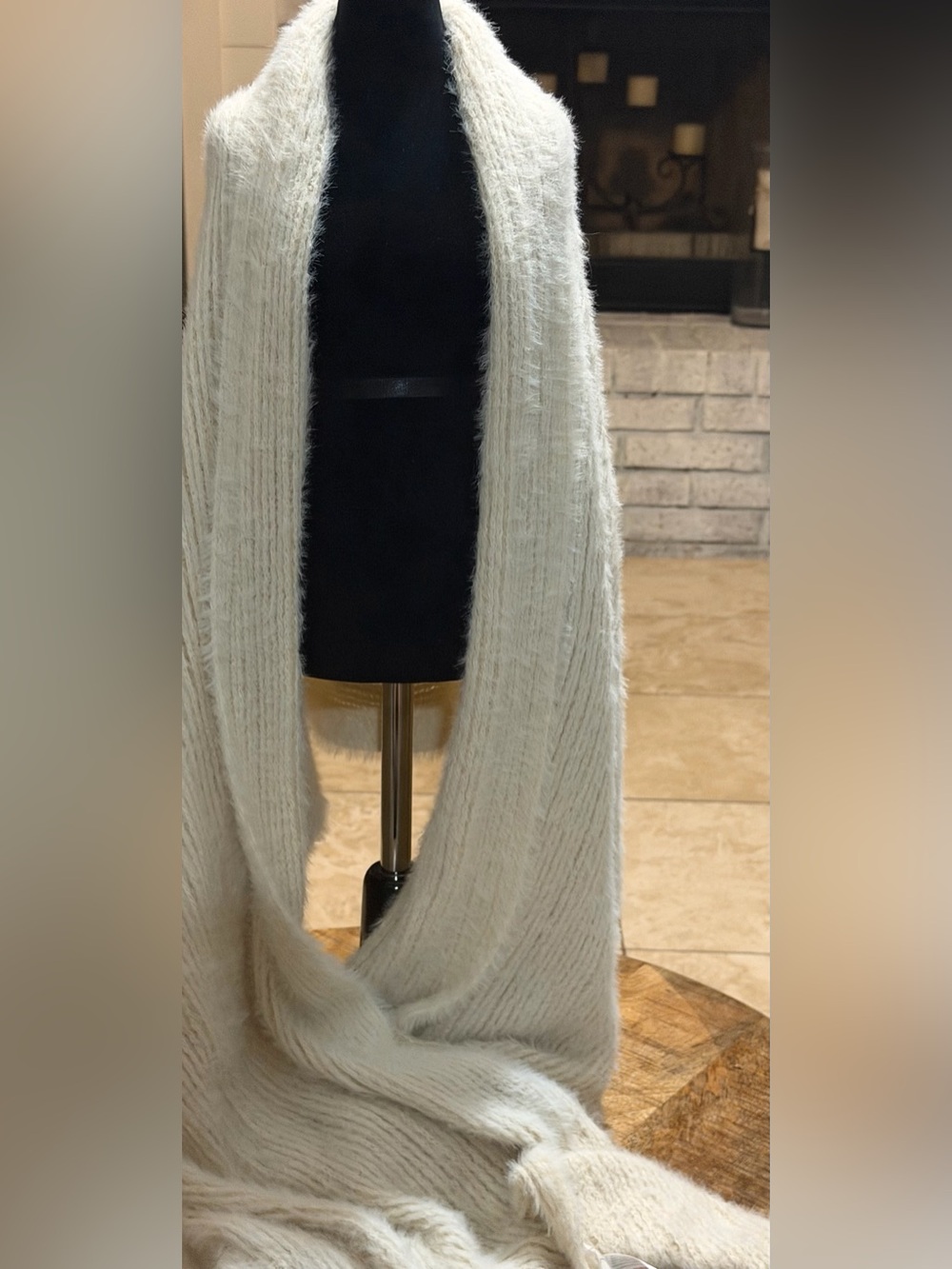 Free People Winter Chill Soft Fuzzy Fringe Blanket Scarf 80x32”  Beige